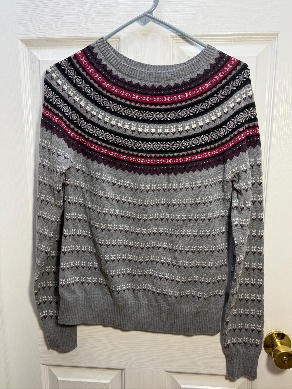 Bass Gray Fair Isle Crewneck Sweater with Burgundy and Black Accents
